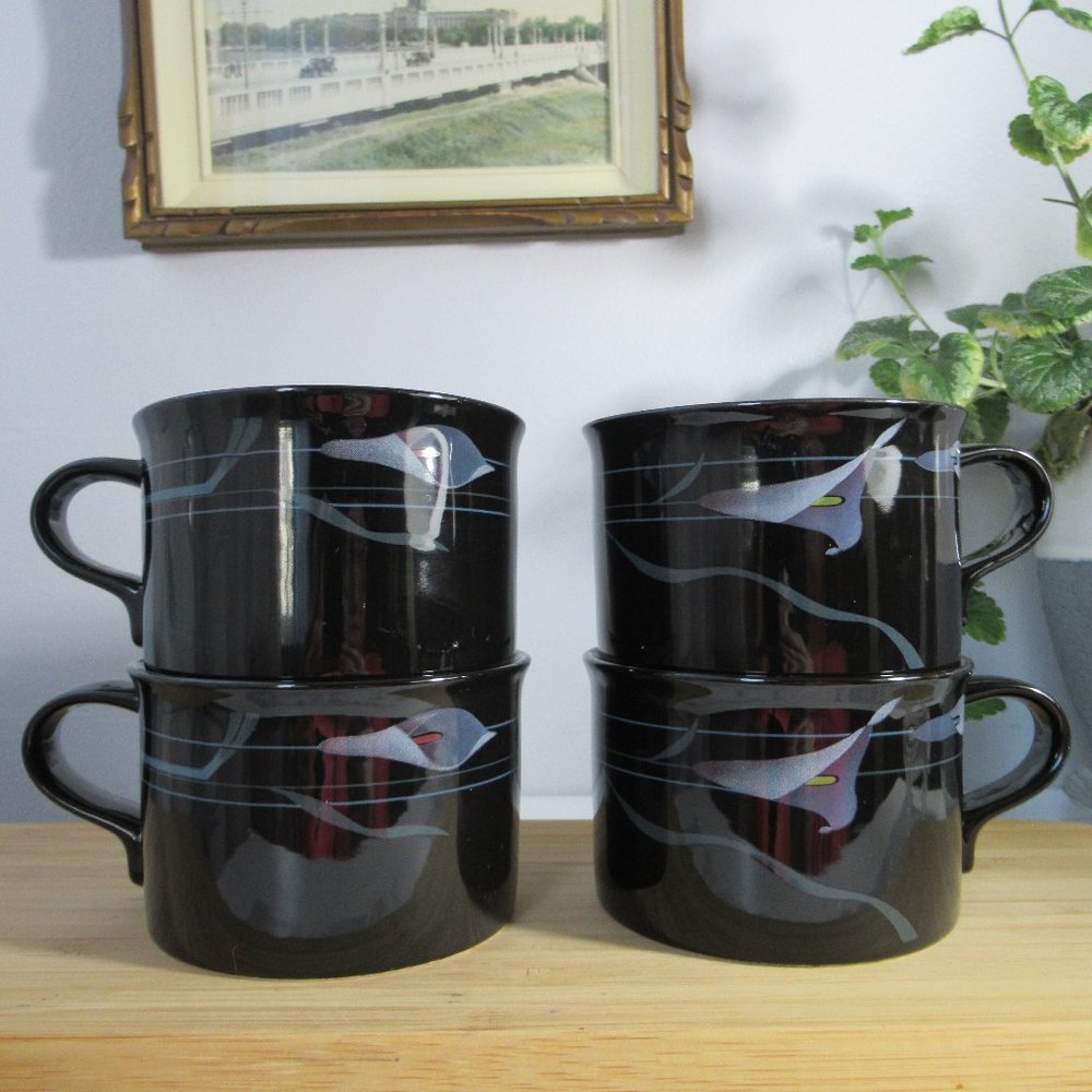 4 Tempered Glass Mugs Galleria FK701 Opus - Black Calla Flowers by Mikasa Japan